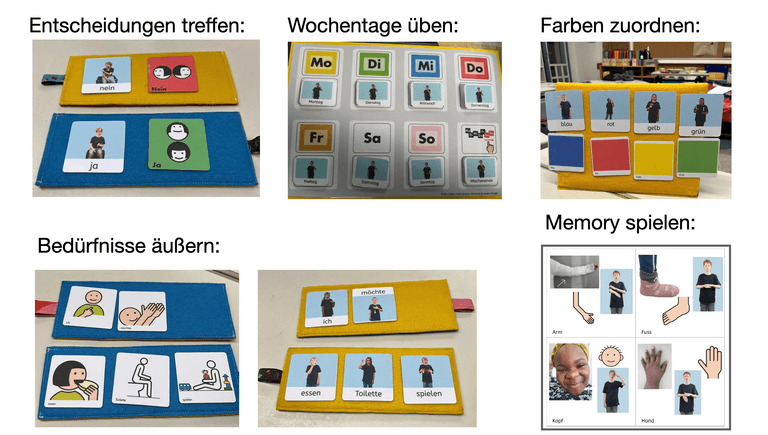 Beispiele für Arbeitsmaterialien die aus der EiS-App entstanden sind. Klettmappen mit Auswahlmöglichkeiten, Memory, Wochentage-Klett.
