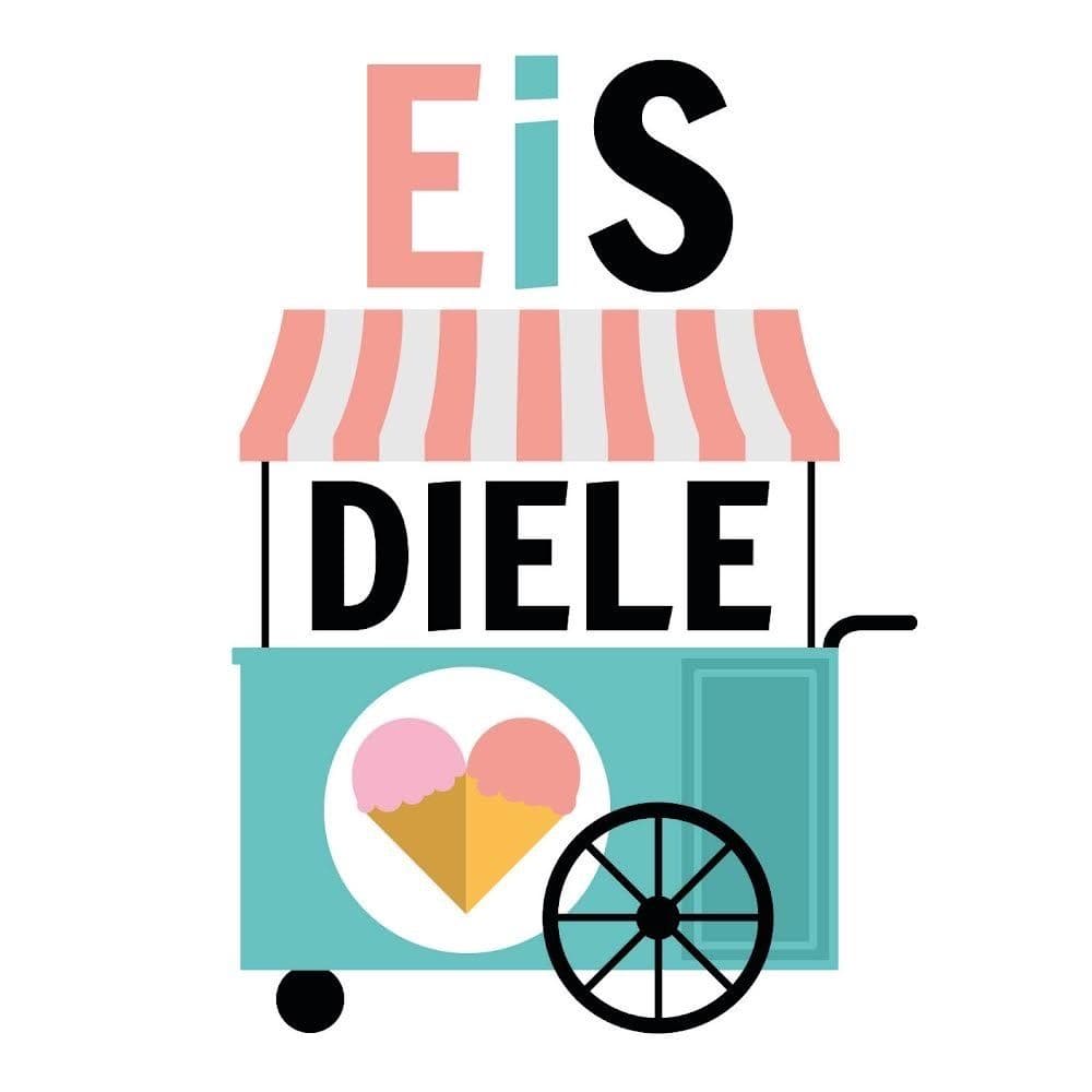 Ein grüner Eiswagen mit weiß-rosa gestreifter Markise. Auf der Seite sieht man das Logo der EiS-App: Ein Herz geformt aus zwei Eiswaffeln mit je einer Kugel Eis. Der Wagen trägt die Aufschrift: EiS-Diele