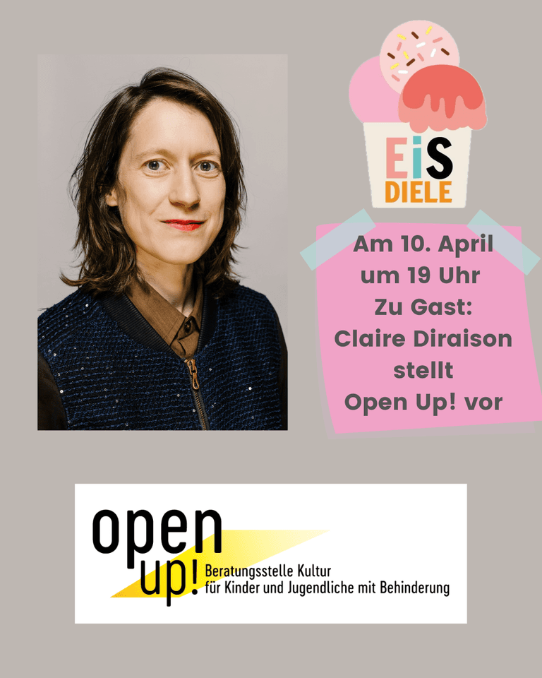 Porträt von Claire Diraison mit schulterlangem, dunklem Haar vor neutralem, hellgrauem Hintergrund. Sie hat ein freundliches Gesicht mit roten Lippen und schaut direkt in die Kamera. Sie trägt eine braune Bluse unter einer dunkelblauen, leicht glitzernden Jacke mit schwarzem Kragen und goldfarbenem Reißverschluss.  Daten der EiS-Diele: 10. April 2025 um 19 Uhr ist Claire Diraison zu Gast und stellt Open Up! vor.