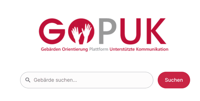 Logo der Gebärden Orientierung Plattform Unterstützte Kommunikation, kurz GOPUK. Mit Suchschlitz für Gebärden.