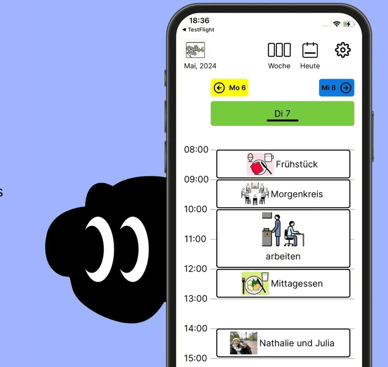 Screenshot aus der Kalender-App. Man sieht die Auswahl eines Tages, Uhrzeiten und METACOM-Symbole, die die Aktivitäten beschreiben. Daneben schaut vor einem blauen Hintergrund das Independo Logo hervor - ein stilisiertes schwarzes Gesicht mit großen Augen.