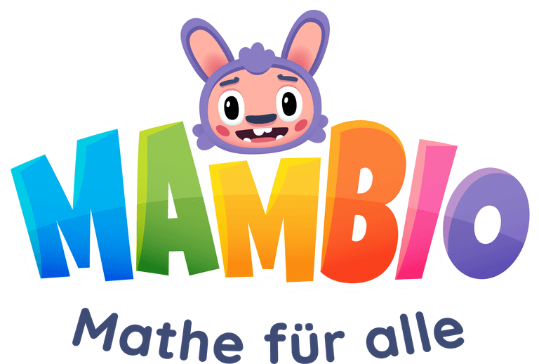 Logo der inklusiven Mathe-Lern-App Mambio. Bunter Schriftzug MAMBIO über den ein hasiges Wesen blickt. Unterschrift: Mathe für alle