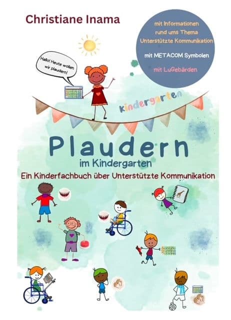 Cover des ersten Plaudern Buches. Wimmelbild mit Kinder, die unterschiedliche Kommunikationsformen nutzen.