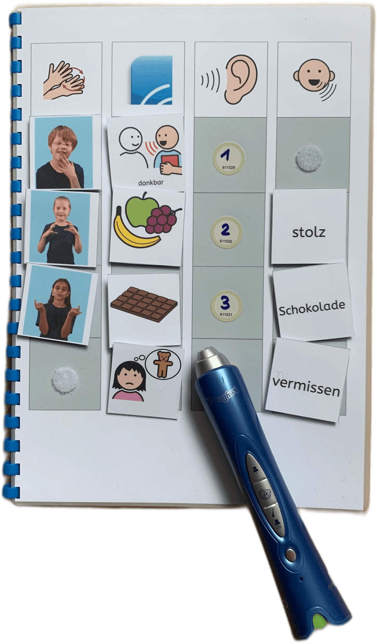 Klettmappe als Beispiel für den anlaogen Einsatz der EiS-App. Gebärde, METACOM-Symbol, Audio-Button zum Anhören des Wortes mit dem Anybook-Reader und Wort