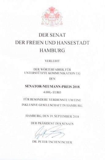 Urkunde Senator Neumann Preis der Stadt Hamburg 2018
