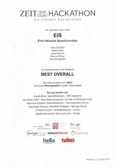 Urkunde Best overall ZEIT Hackathon 2017